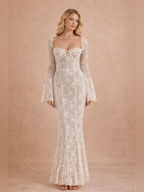 NWOT House Of Cb Delilah Lace Long-Sleeve Ivory Maxi Dress Bridal Small Bride S